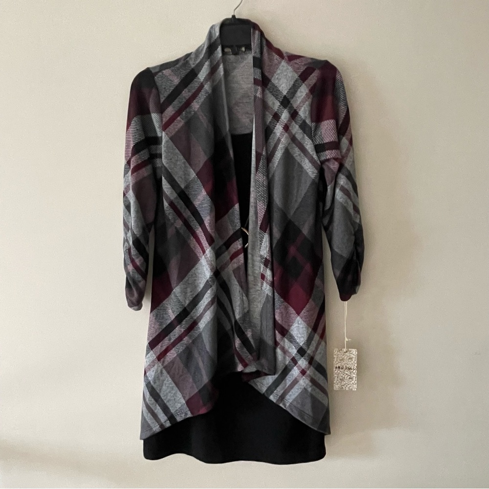 Black and Red Multicolor Mini Dress with Tassel Necklace and Built-in Cardigan